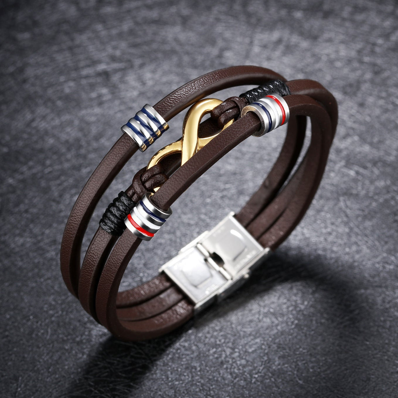 Pulseira Infinito de Couro e Aço Inoxidável