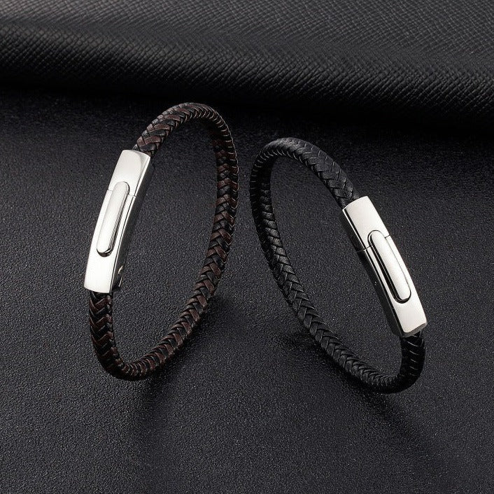 Pulseira de Couro e Aço Inoxidável 316L