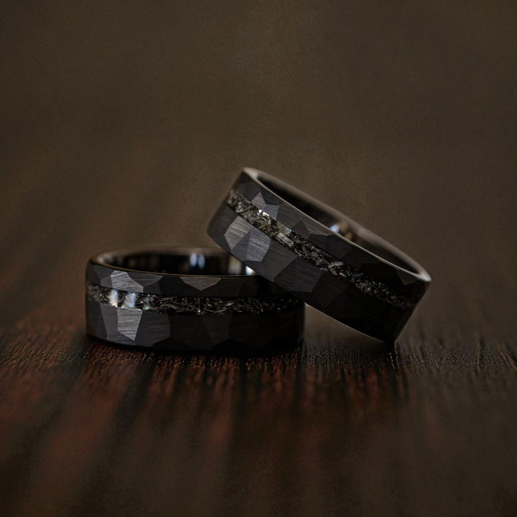 Anel em Aço de Tungsténio com Meteorito