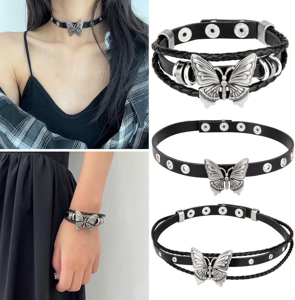 Pulseira e Colar Gargantilha Punk de Couro