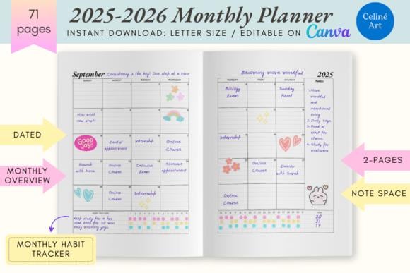 2025-2026 Monthly Planner Template: Habit Tracker, Canva Editable (PDF)