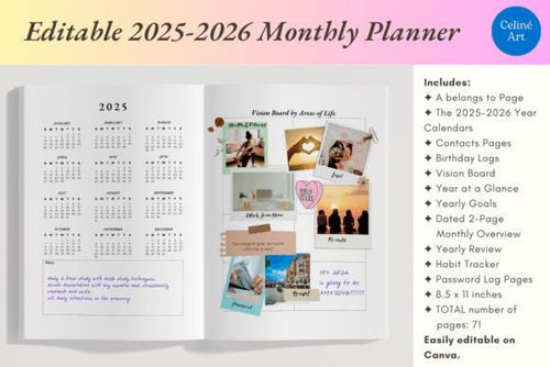 Monthly planner template 2025-2026: Habit tracker, editable Canva (PDF)