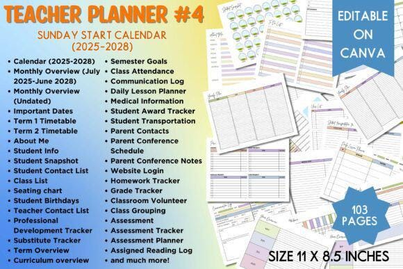 Editable Teacher Planner 2025-2028: Canva Template (Digital Download)