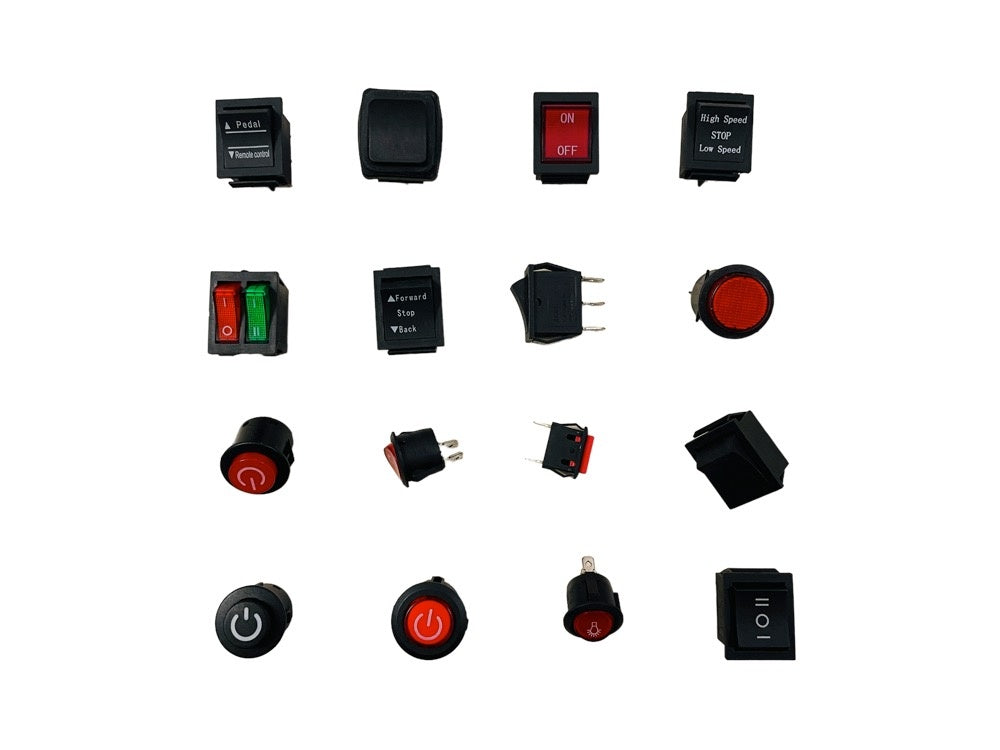 On/off switches and buttons for electric children's cars, motorcycles and ATVs.