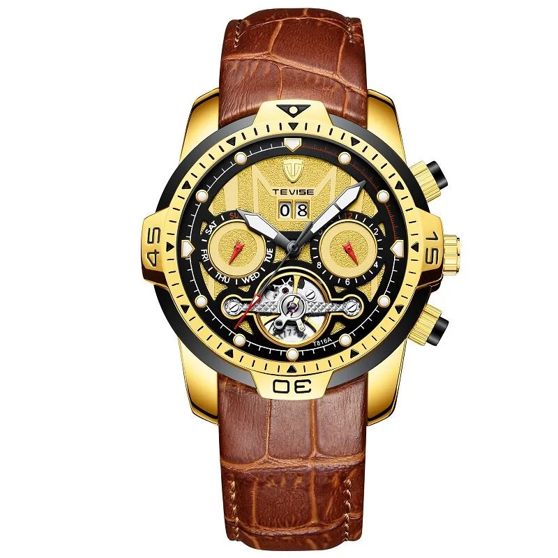 Luxury Water-Resistant Men’s Watch – Automatic Skeleton Dial & Genuine Leather Strap