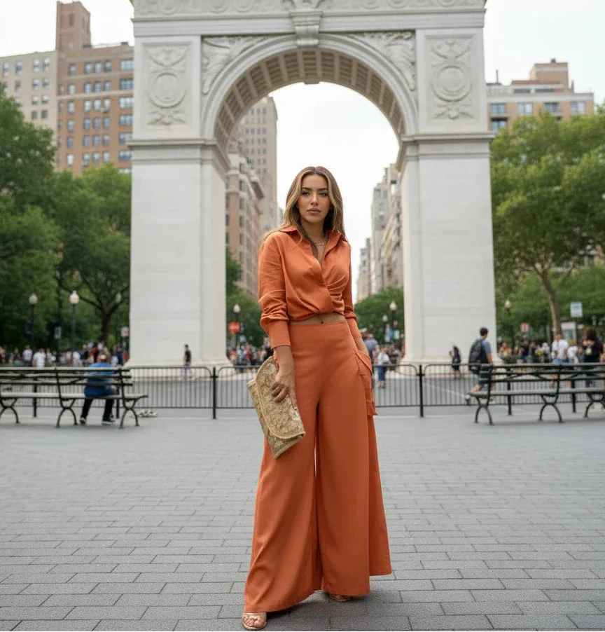 Two-piece set with draped blouse and wide-leg pants – Chic women's loungewear