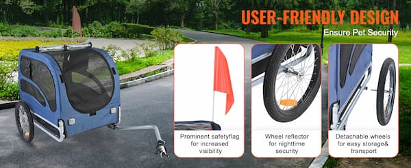 Heavy-Duty Dog Bike Trailer – Foldable Pet Bicycle Carrier with Reflectors, Safety Flag & Coupler (Up to 100 lbs)