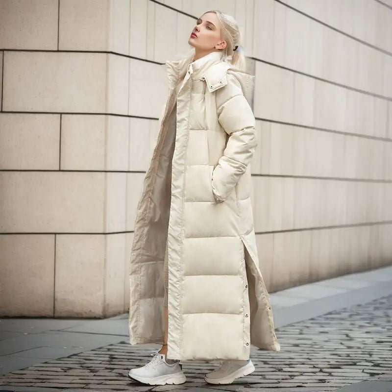 Long Puffer Coat for Women – Loose Fit Winter Jacket with Hood