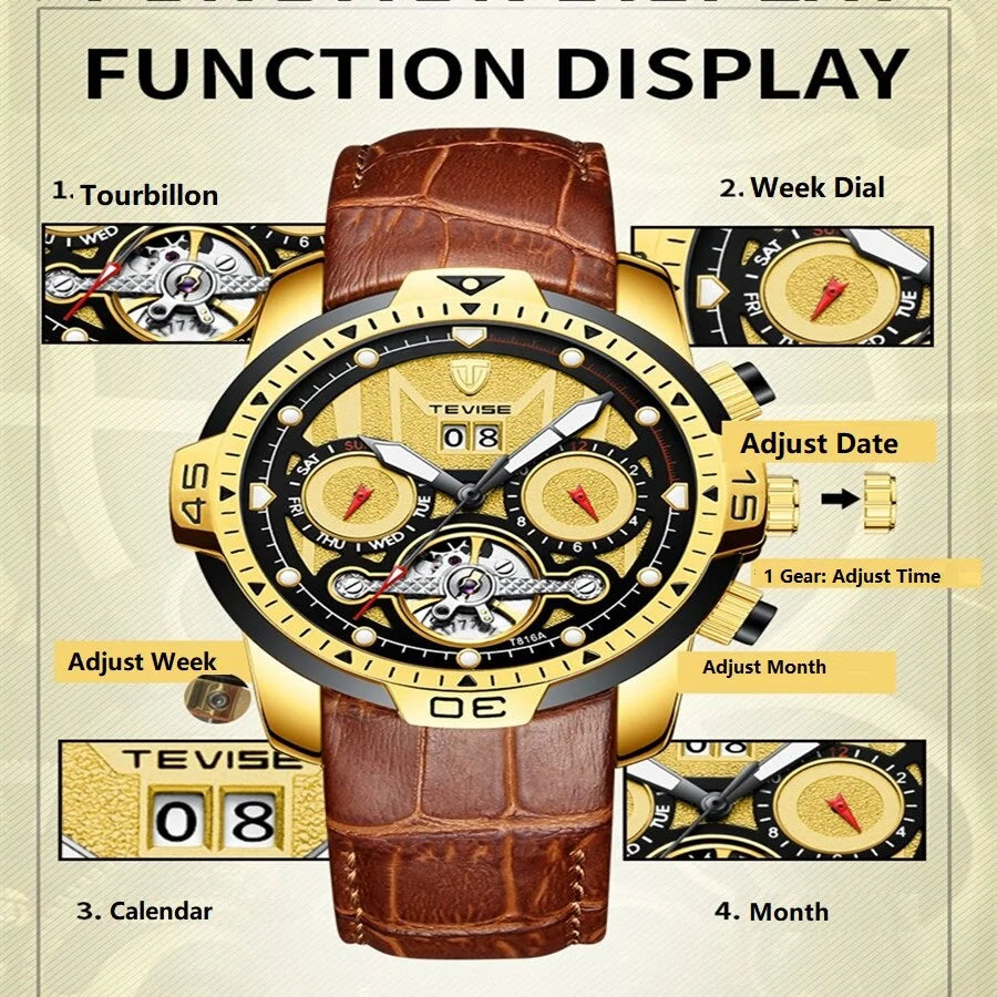 Luxury Men's Water Resistant Watch – Automatic Skeleton Dial &amp; Genuine Leather Strap