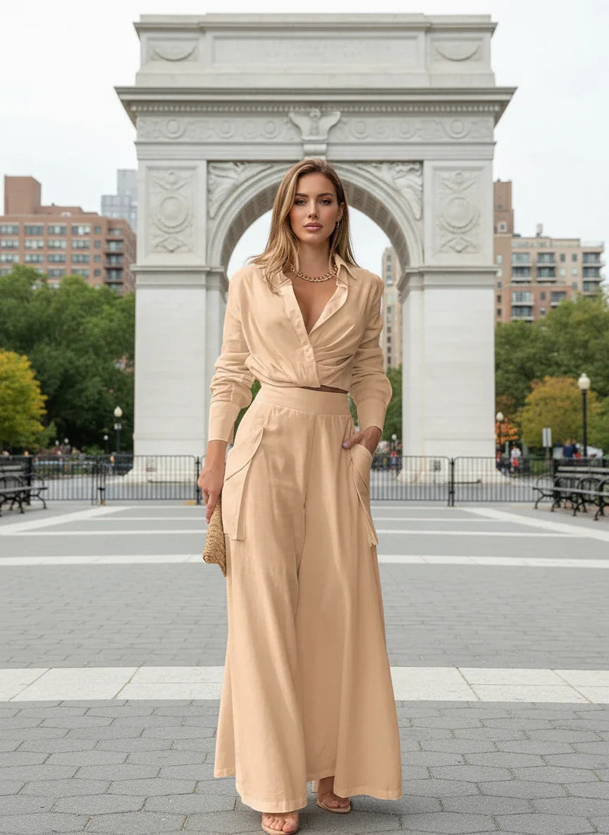 2-Piece Set with Draped Blouse & Wide-Leg Pants – Chic Women’s Loungewear