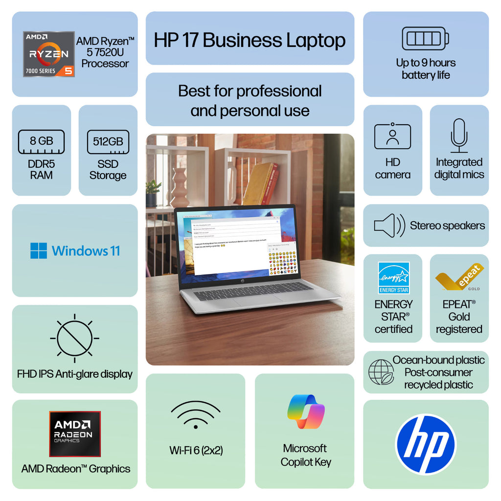 2025 HP 17 Laptop Computer 17.3" FHD, AMD Ryzen 5, 8GB RAM 512GB SSD, Windows 11