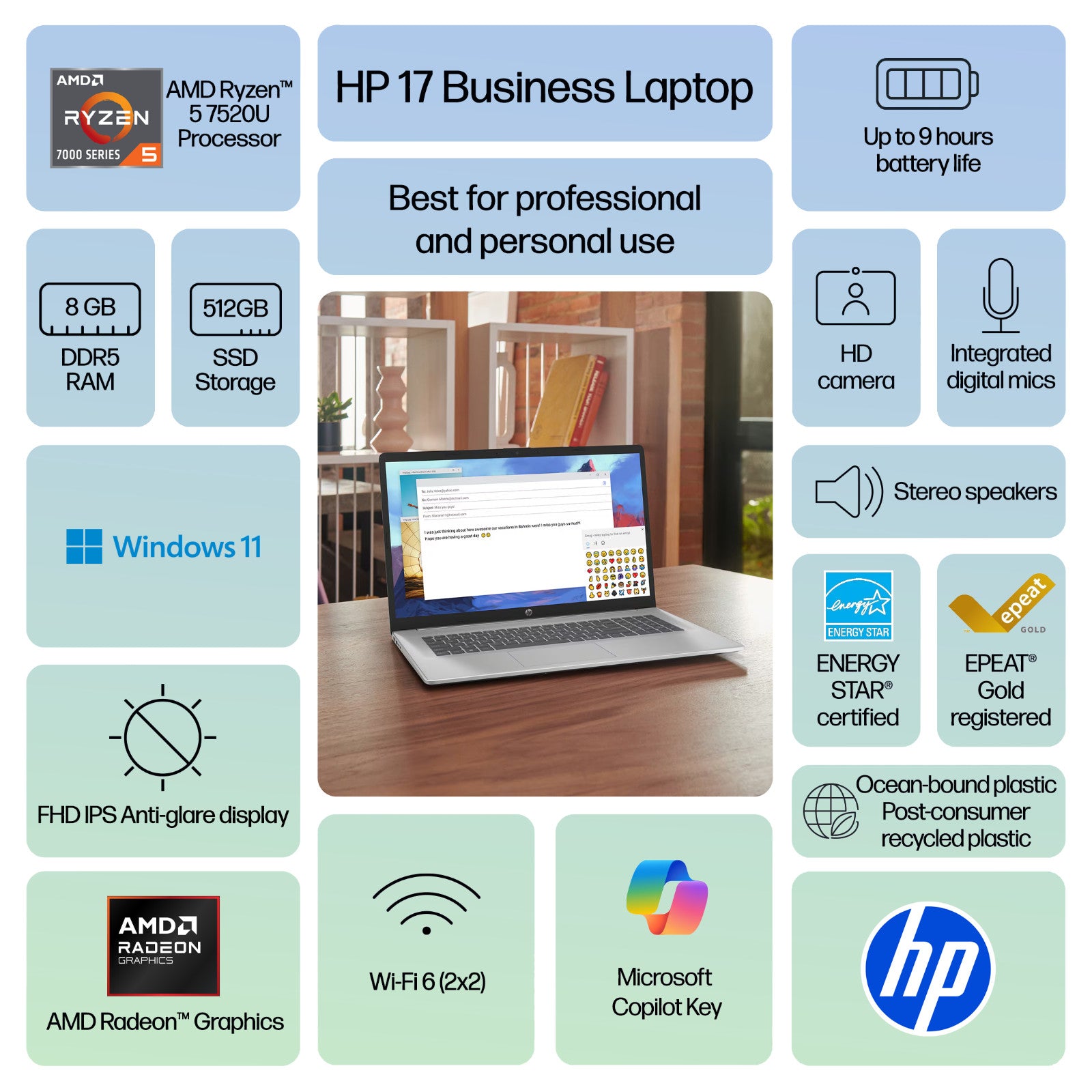 2025 HP 17 Laptop Computer 17.3" FHD, AMD Ryzen 5, 8GB RAM 512GB SSD, Windows 11