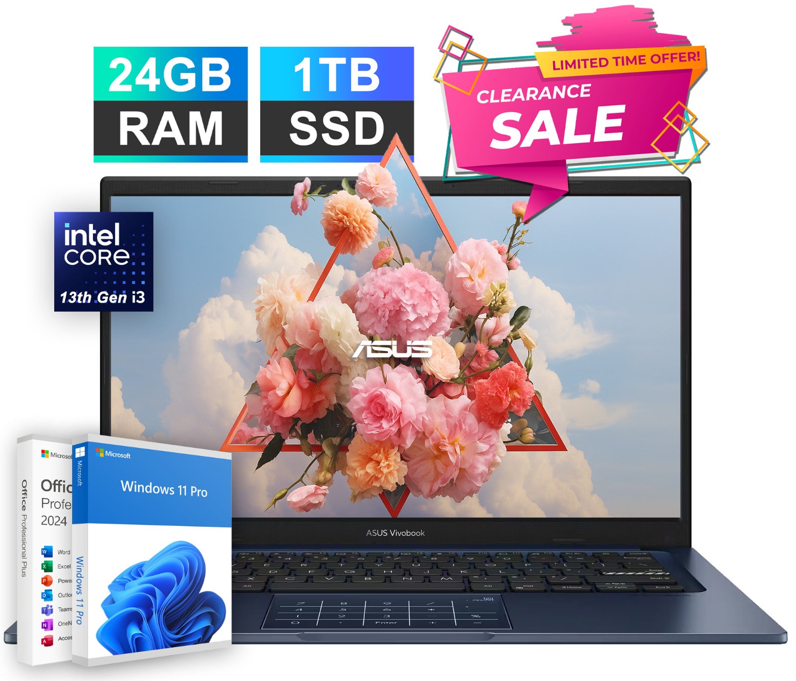 2025 ASUS Vivobook 14" FHD Laptop 13th Gen Intel i3 24GB RAM 1TB SSD Win 11 Pro