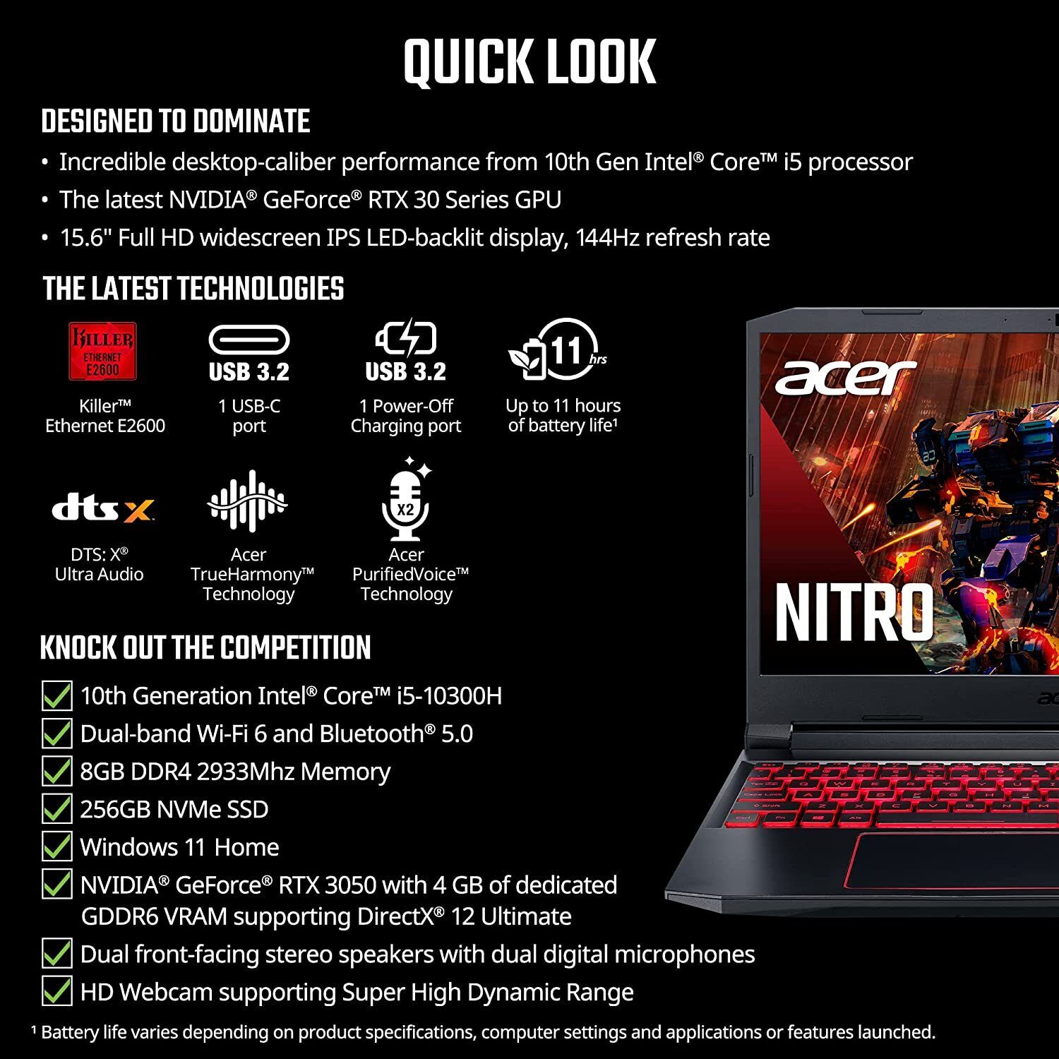 🎁NEW Acer Nitro 5 15.6 FHD Intel i5-10300H/8G/256G RTX3050 Gaming Laptop+Sleeve