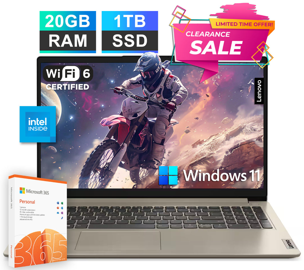 2025 Lenovo IdeaPad Laptop 15.6" 1-Yr MS 365 Intel Dual-Core 20GB RAM & 1TB SSD