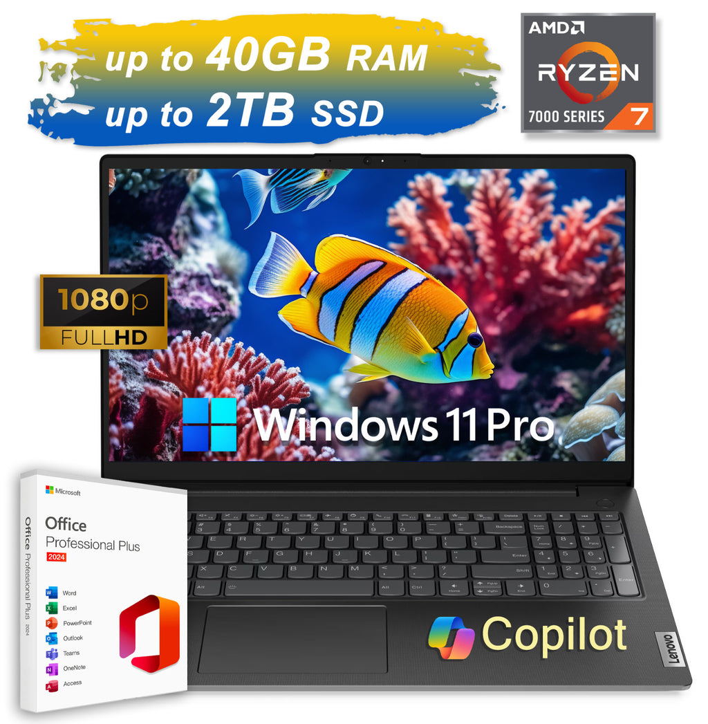 2025 Lenovo Business Laptop 15.6 8-Core Ryzen 7 Upto 40GB RAM 2TB SSD Office Pro 