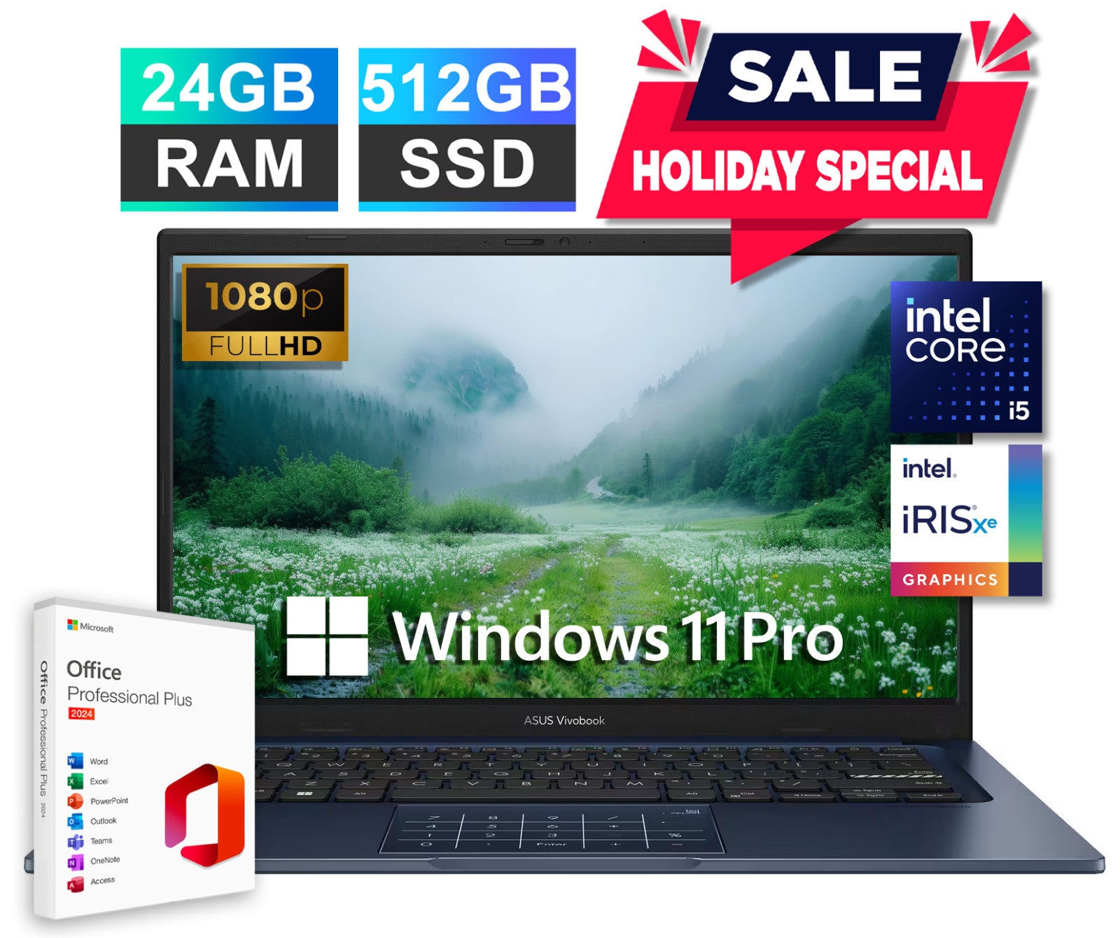 2025 ASUS Vivobook 14" Office 2024 FHD Laptop 13th Intel i5 24GB RAM & 512GB SSD