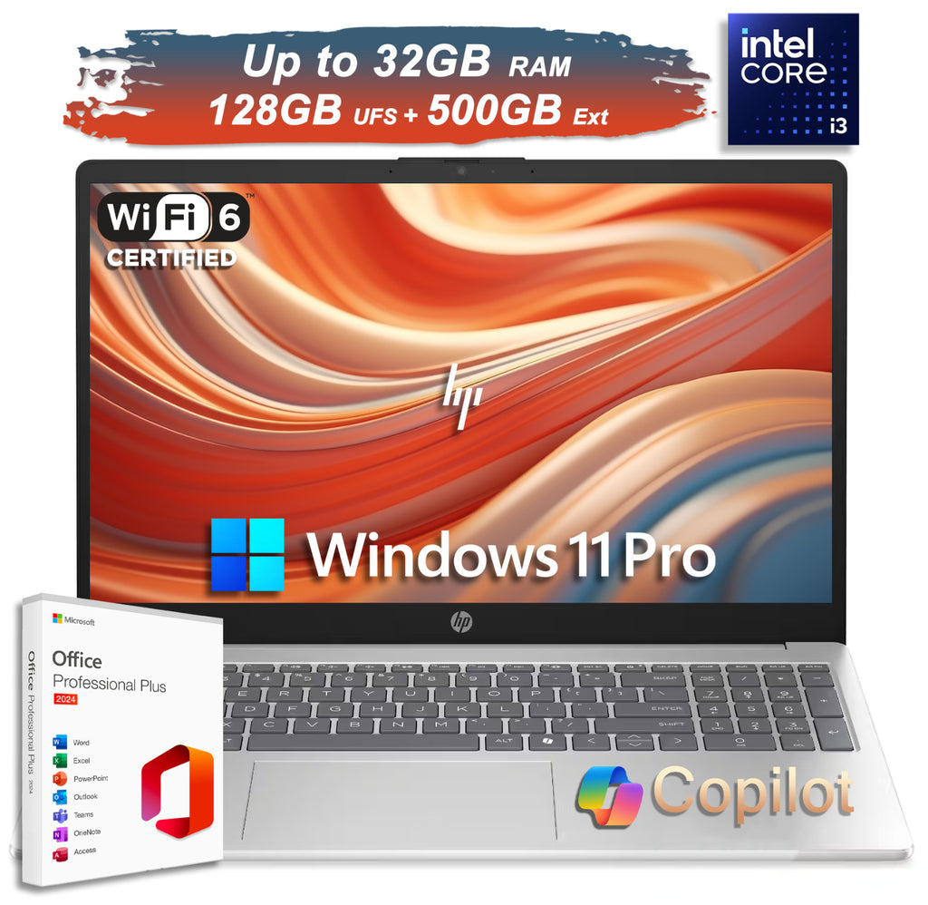 2025 HP Laptop Computer 15.6" 8-Core Intel i3 Upto 32GB RAM & 628GB Storage Pro