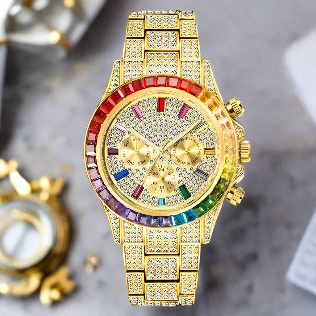 Luxury Iced Out Watch with Rainbow Bezel – Men’s Stainless Steel Timepiece