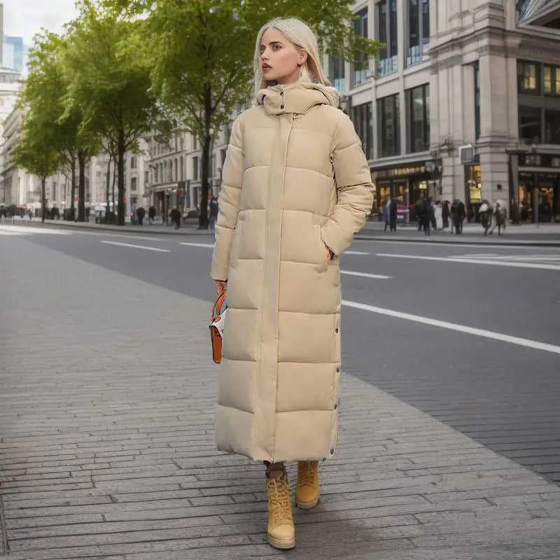 Long Puffer Coat for Women – Loose Fit Winter Jacket with Hood