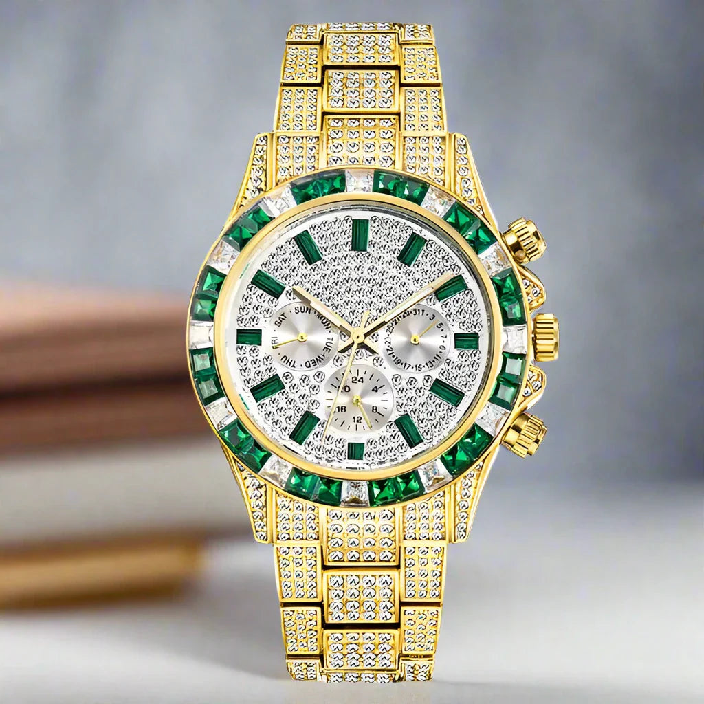 Luxury Iced Out Watch with Rainbow Bracelet – Men's Stainless Steel Timepiece