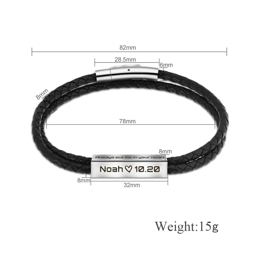 Personalized Leather and Stainless Steel Bracelet