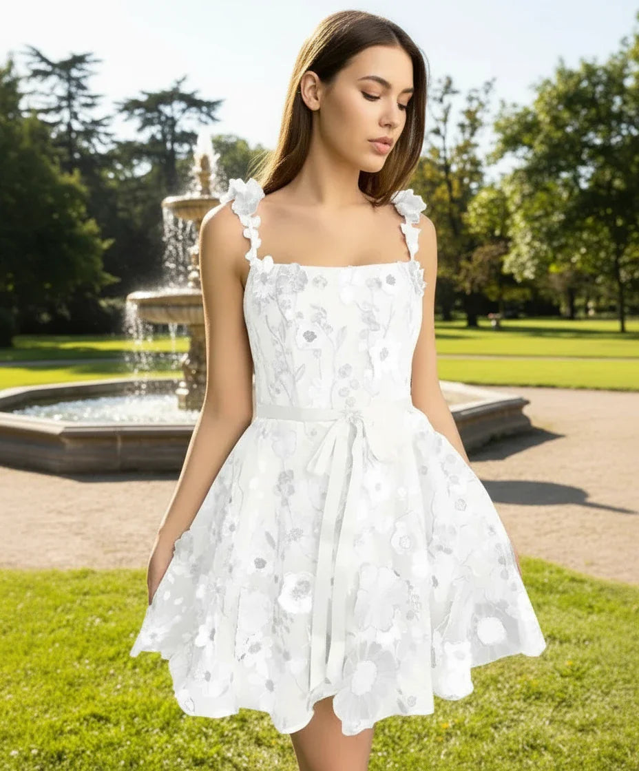 3D Floral Embroidered Sheath Dress – Spaghetti Straps & Satin Waist