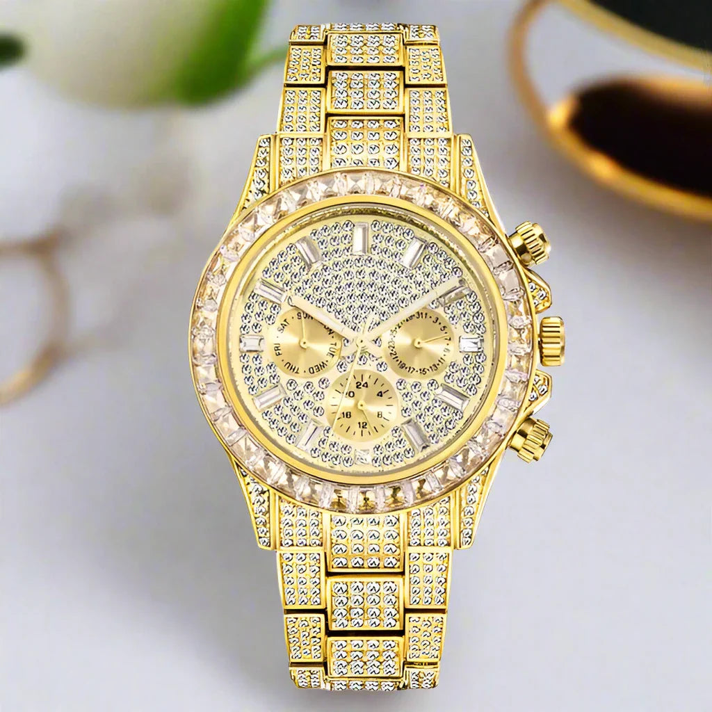 Luxury Iced Out Watch with Rainbow Bracelet – Men's Stainless Steel Timepiece